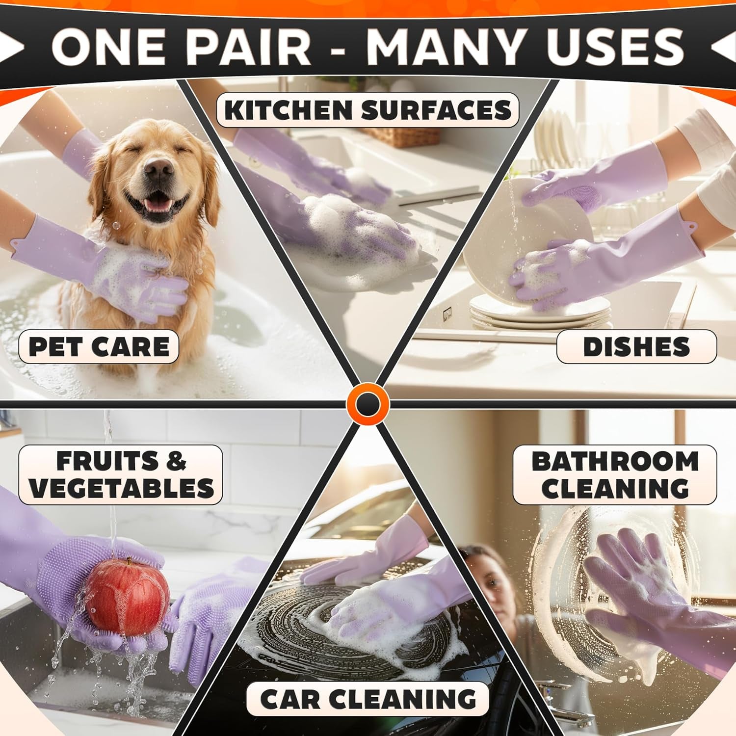 Silicone Dishwashing Gloves with Scrubber – Non-Slip Silicone Gloves Wor Washing Dishes | Household Use