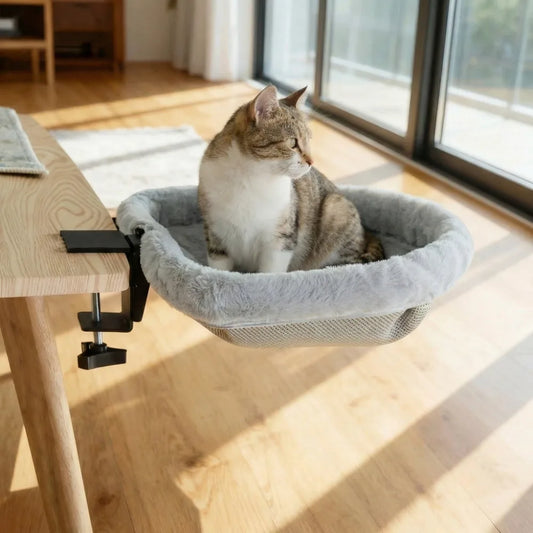 Semi-Circular Cat Table Bed Space Saving Detachable Folding Cat Bed Comfortable Non-Slip Clamp Cat Desk Hammock Computer Desk
